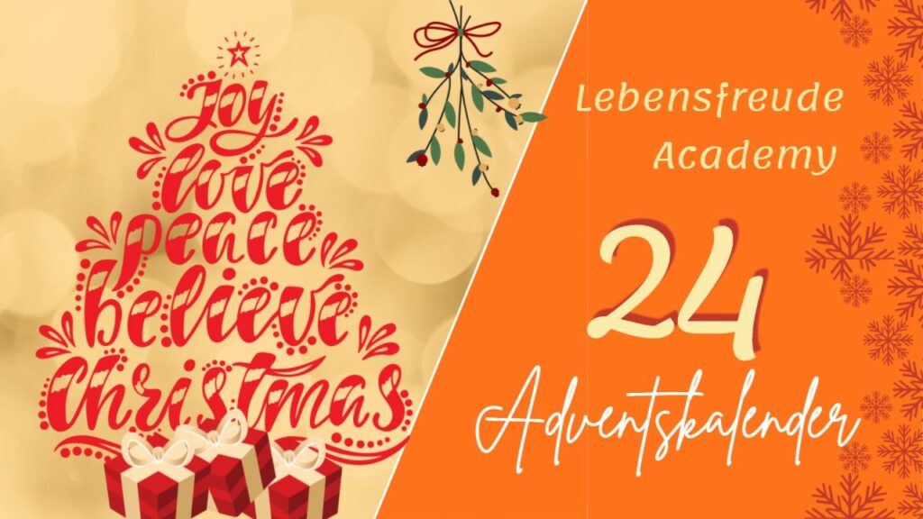 Christbaum aus den Wörtern joy, love, peace, believe, christmas, Lebensfreude-Academy Adventskalender Tag 24
