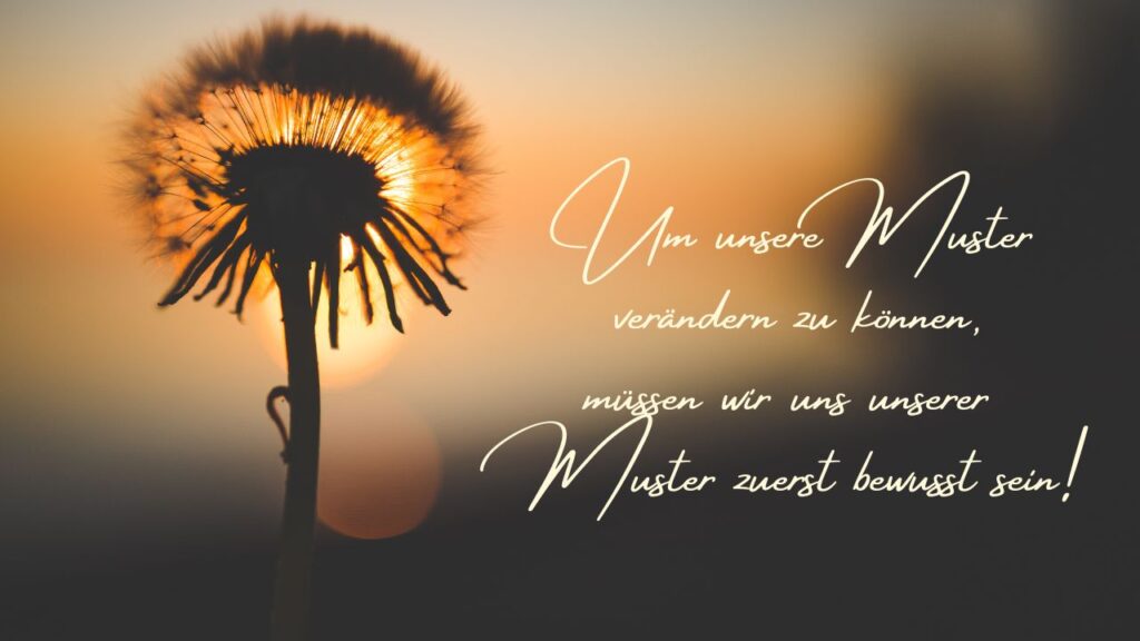 Zitatbild Pusteblume bei Sonnenuntergang „Um unsere Muster verändern zu können, müssen wir uns unserer Muster zuerst bewusst sein.“