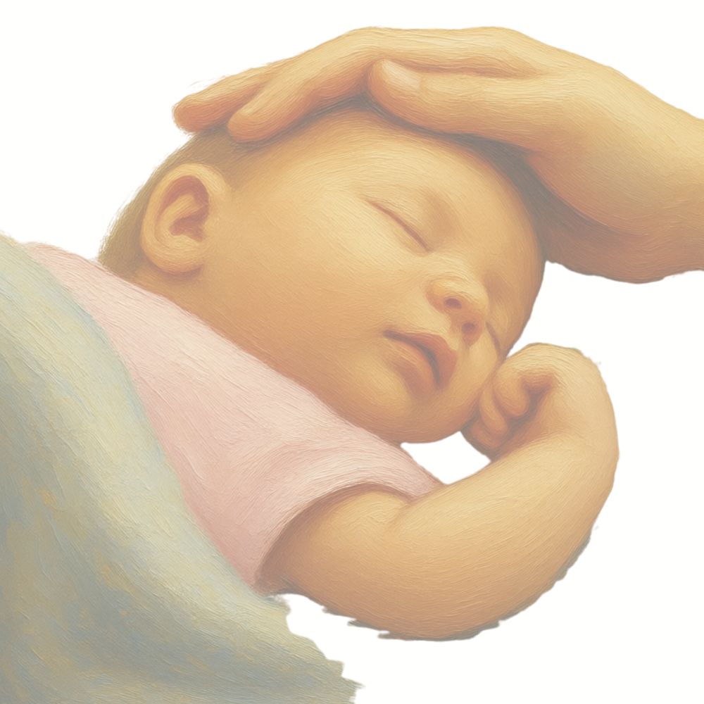 Schlafendes Baby, behütet von einer schützenden Hand. Ein Bild für liebevolle, achtsame Wahrnehmung